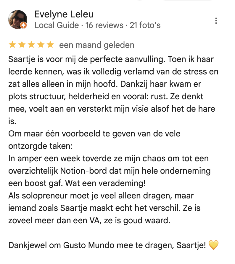 Review van Evelyne van Gusto Mundo